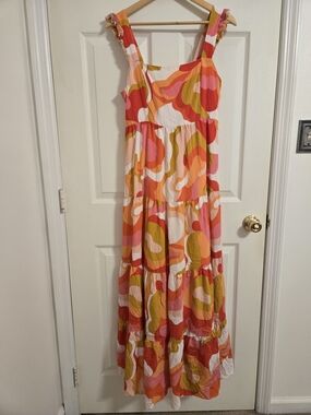 TCEC Sleeveless Tiered Maxi Dress in Pink & Orange Abstract Print Size Large
